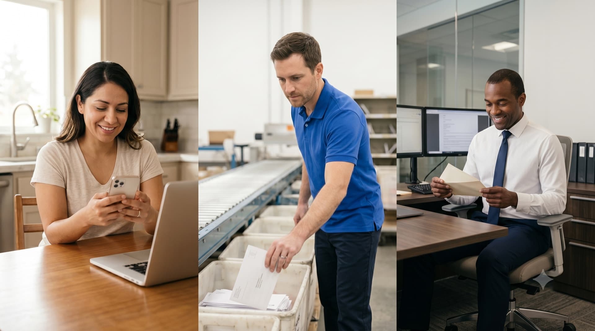 A PostalGenie customer sending a letter from her phone, a team member carrying printed letters, and a recipient opening their mail.