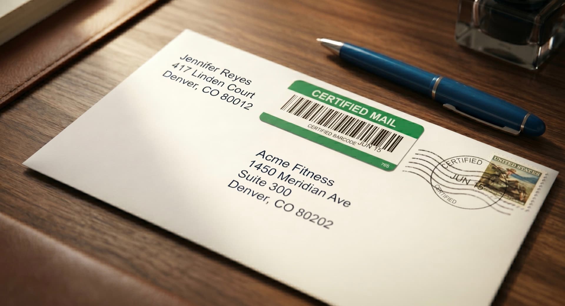 A Certified Mail letter on a desk — a green USPS certified label, postmark, and stamp — addressed from an individual to a business.